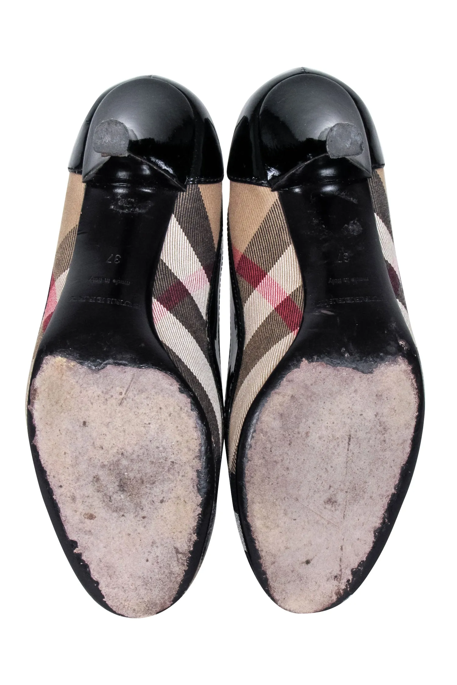 Burberry - Black, White, & Beige Plaid w/ Patent Leather Trim Detail Heels Sz 7