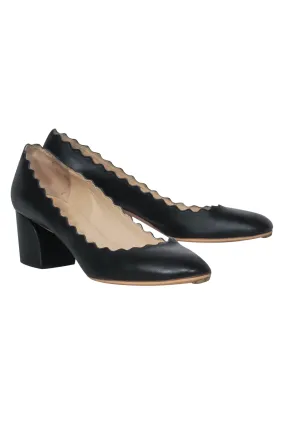 Chloe - Black Leather Scalloped Block Heel "Lauren" Pumps Sz 5.5