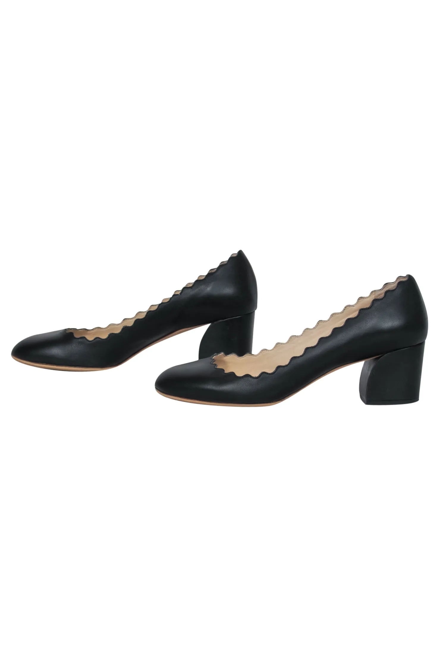 Chloe - Black Leather Scalloped Block Heel "Lauren" Pumps Sz 5.5