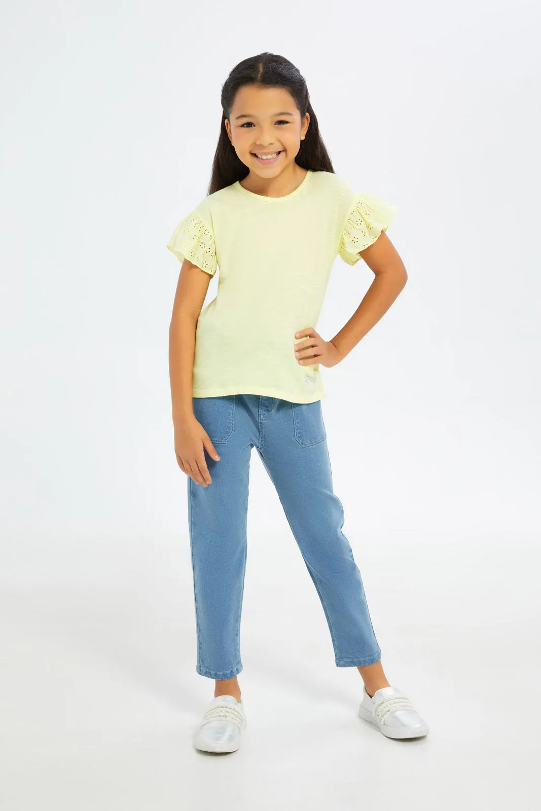Girls Yellow Frilled Sleeves Jersey Top