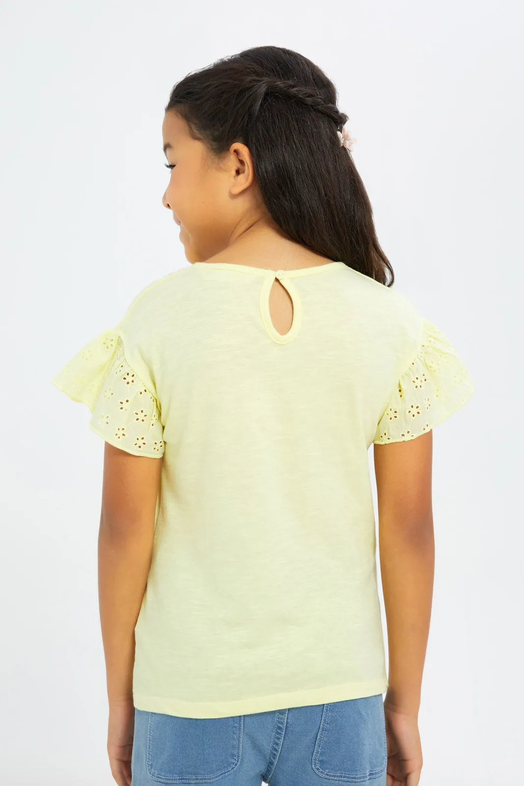 Girls Yellow Frilled Sleeves Jersey Top
