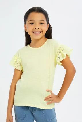 Girls Yellow Frilled Sleeves Jersey Top