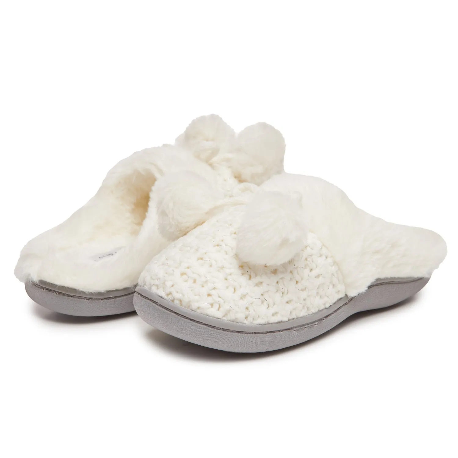 Laura Ashley Girl's Box Stitch Knit Clog Slippers with Pom Poms