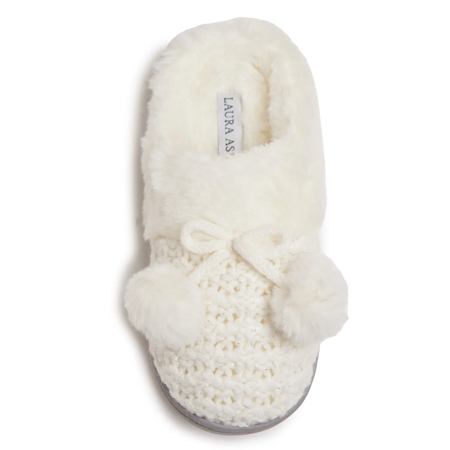 Laura Ashley Girl's Box Stitch Knit Clog Slippers with Pom Poms