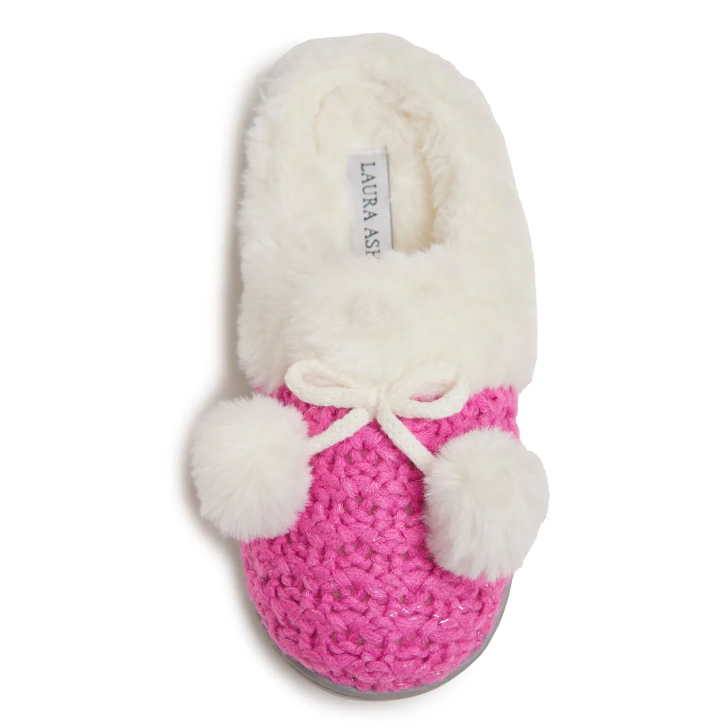 Laura Ashley Girl's Box Stitch Knit Clog Slippers with Pom Poms
