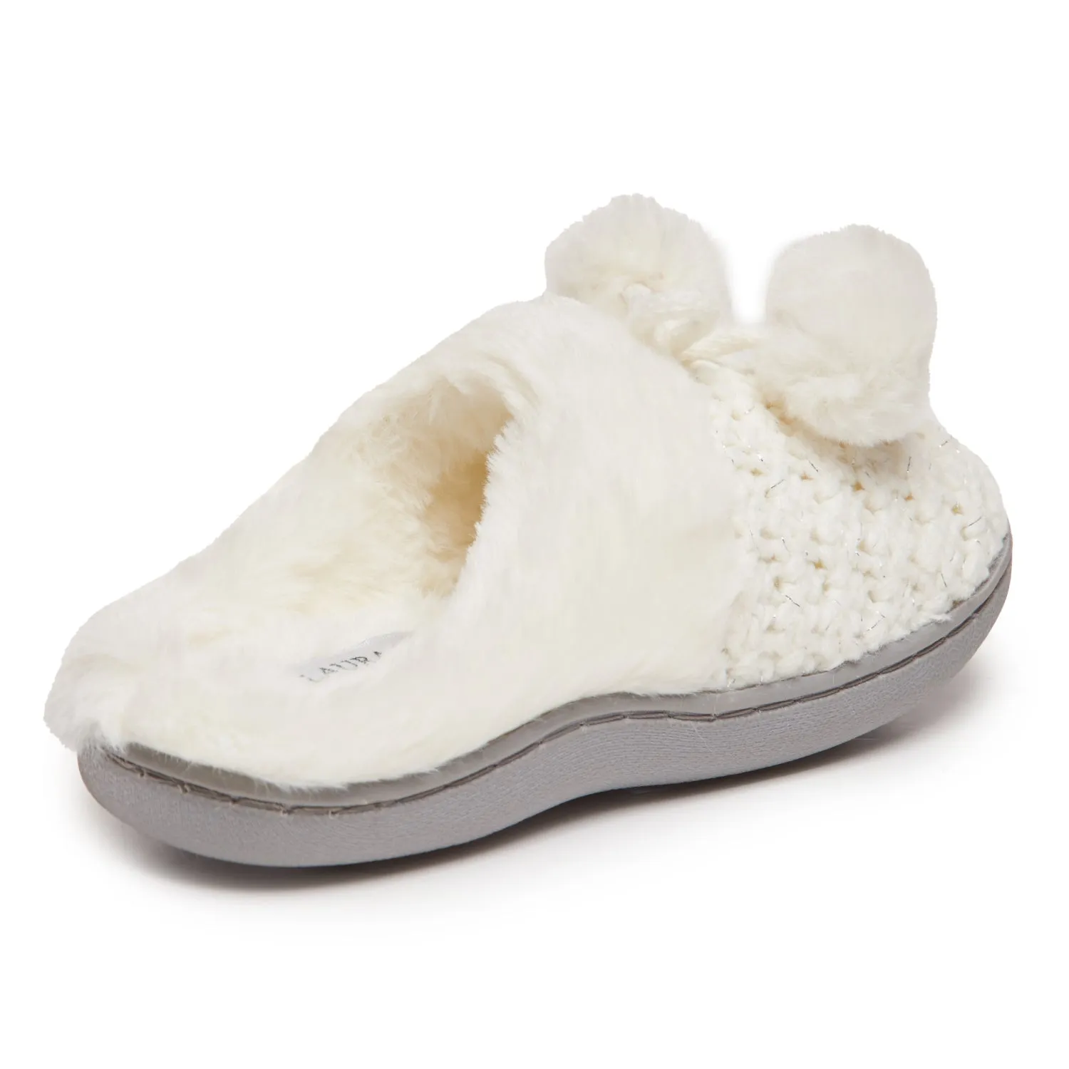 Laura Ashley Girl's Box Stitch Knit Clog Slippers with Pom Poms