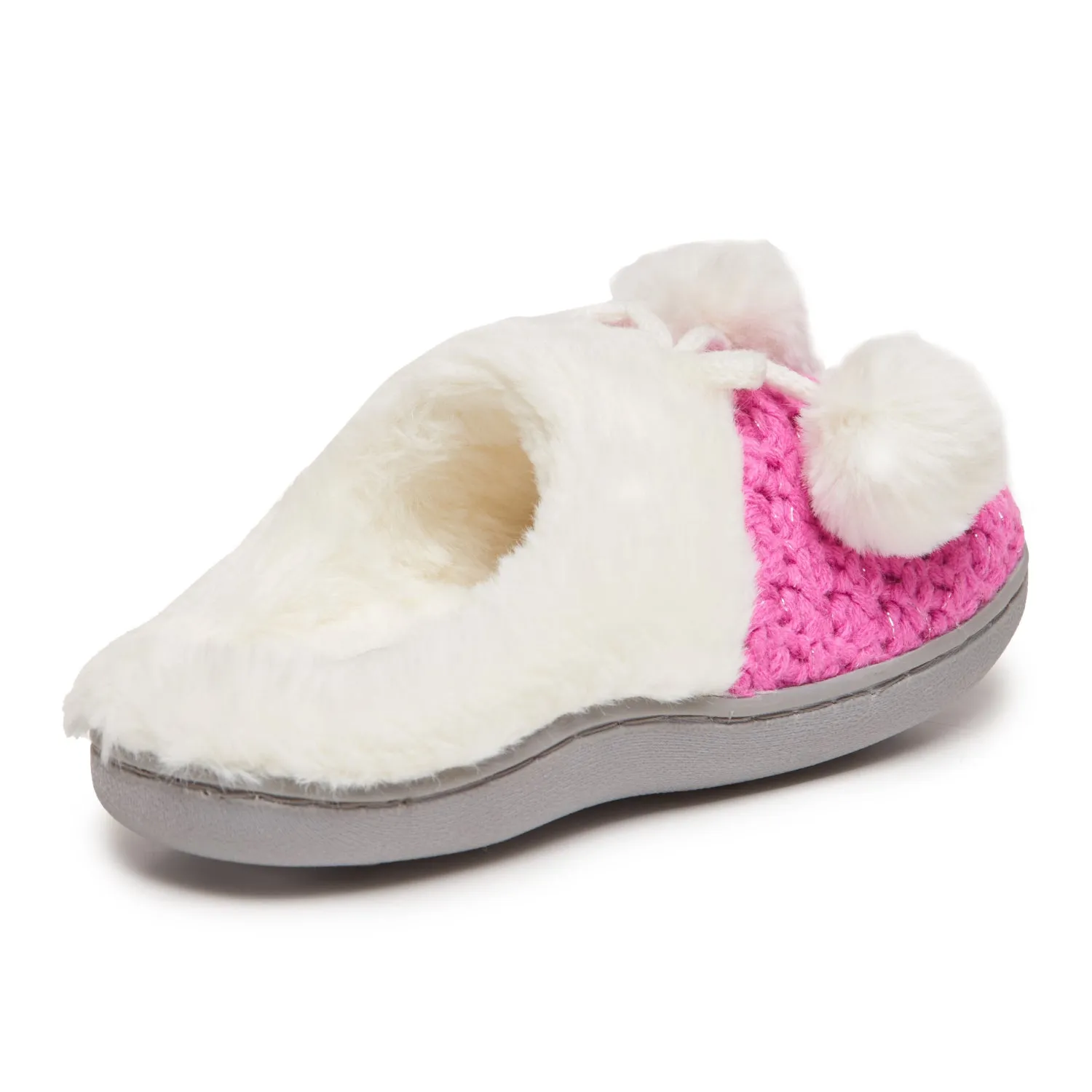 Laura Ashley Girl's Box Stitch Knit Clog Slippers with Pom Poms