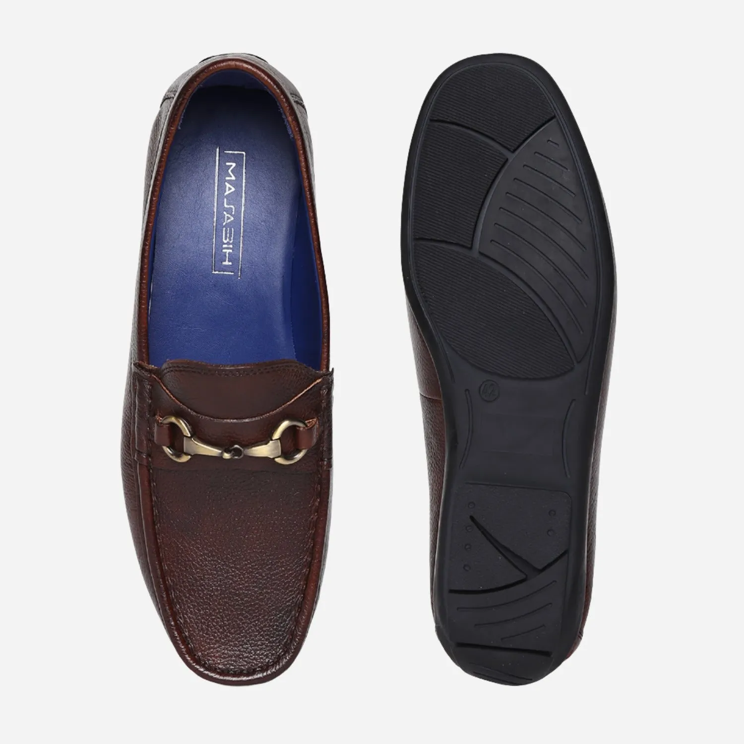Masabih Genuine Milled Leather Brown Mocassin Shoes with Saddle Ornament for Men