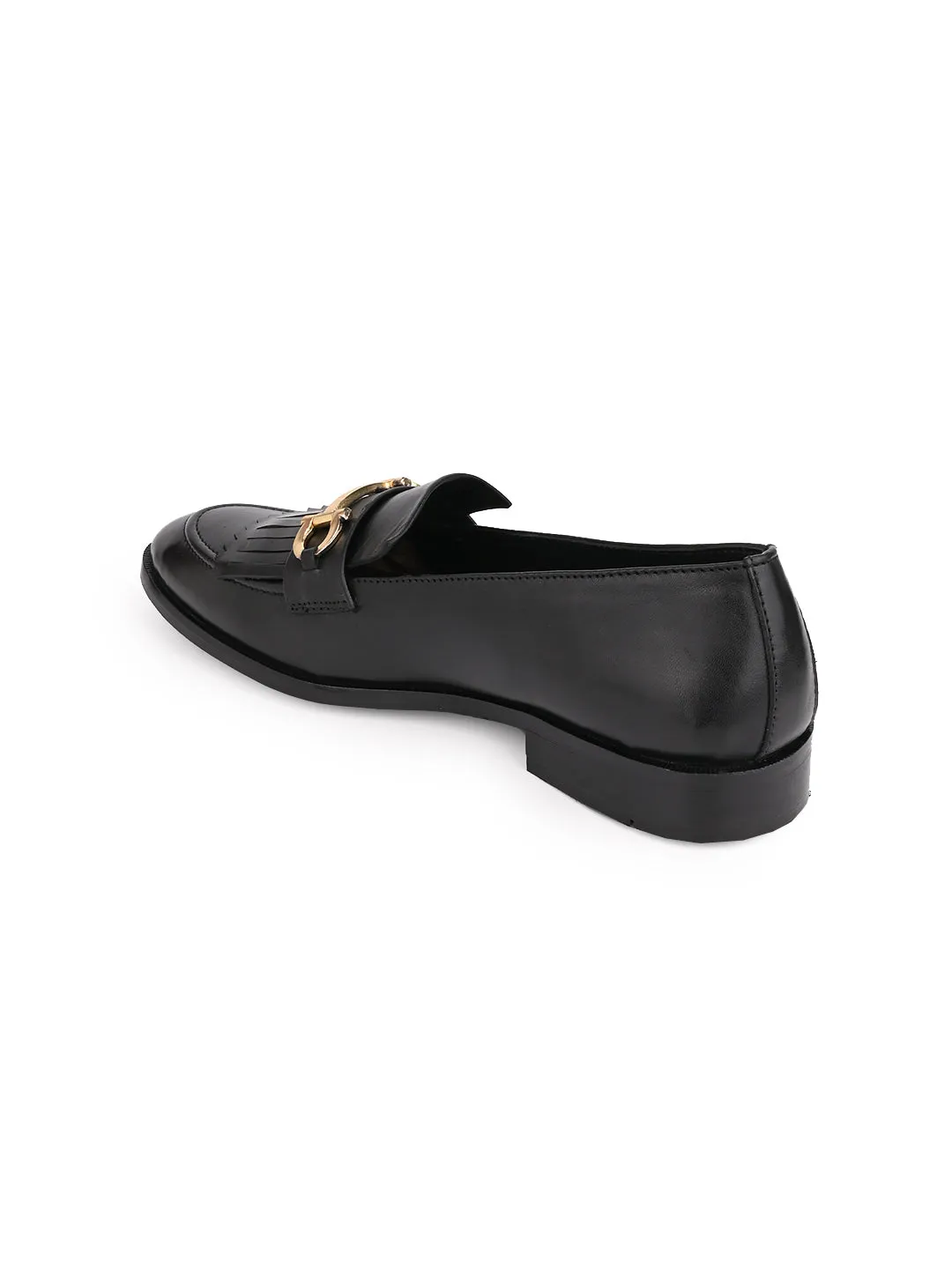 Men Black Solid Fringes Slip On Loafers