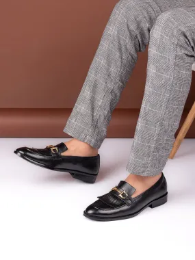 Men Black Solid Fringes Slip On Loafers