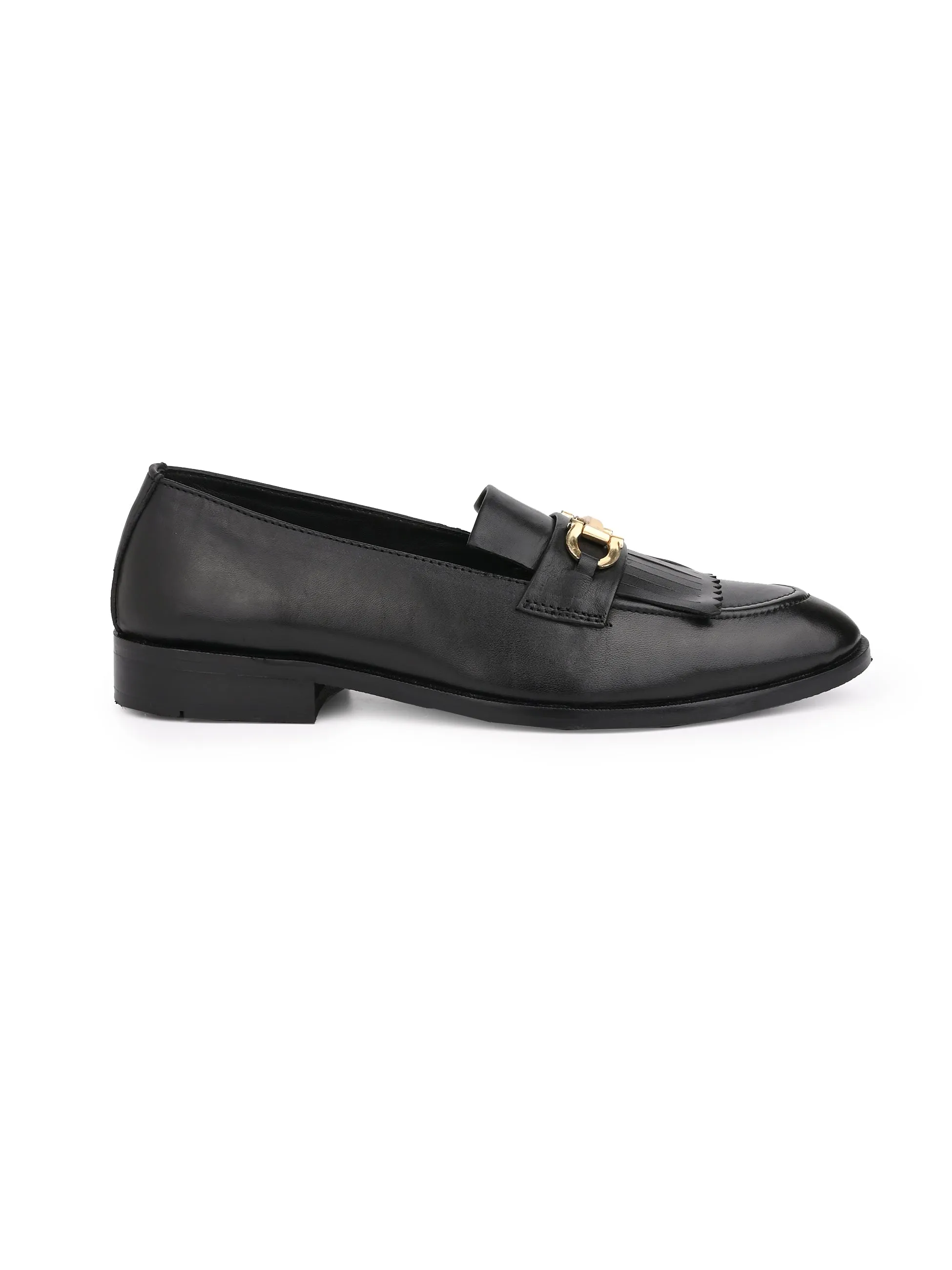 Men Black Solid Fringes Slip On Loafers