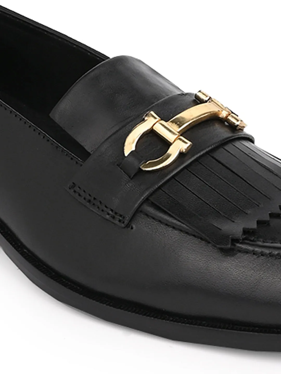 Men Black Solid Fringes Slip On Loafers