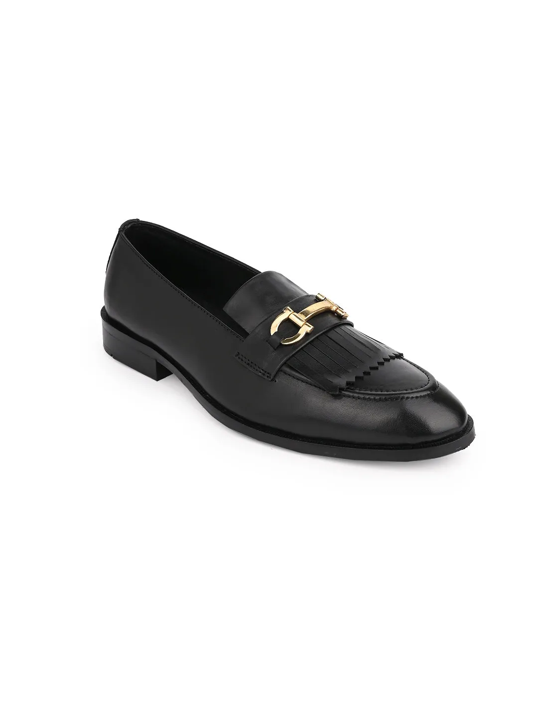 Men Black Solid Fringes Slip On Loafers