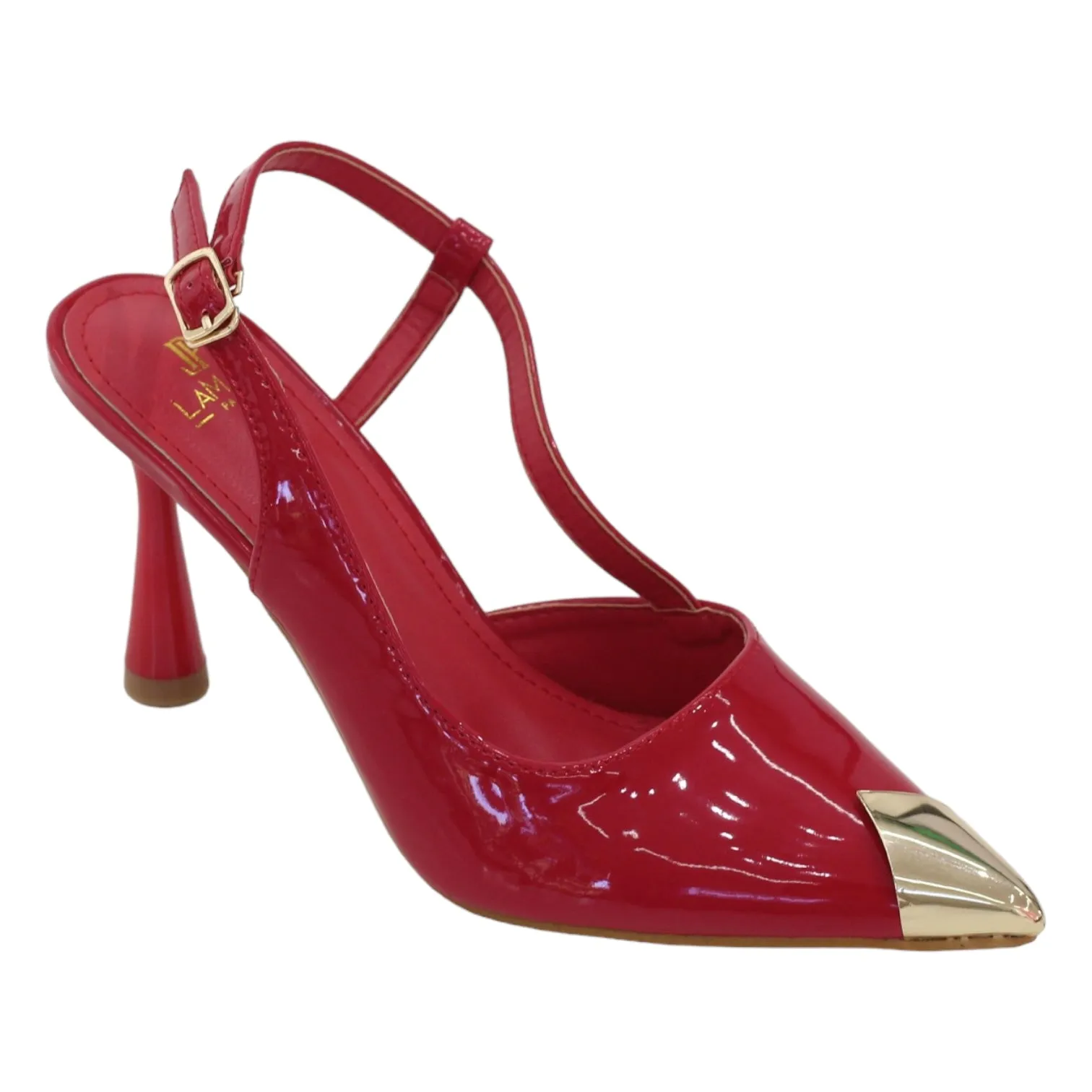 Obella 8.5cm heel pat sling back with gold pointy toe red