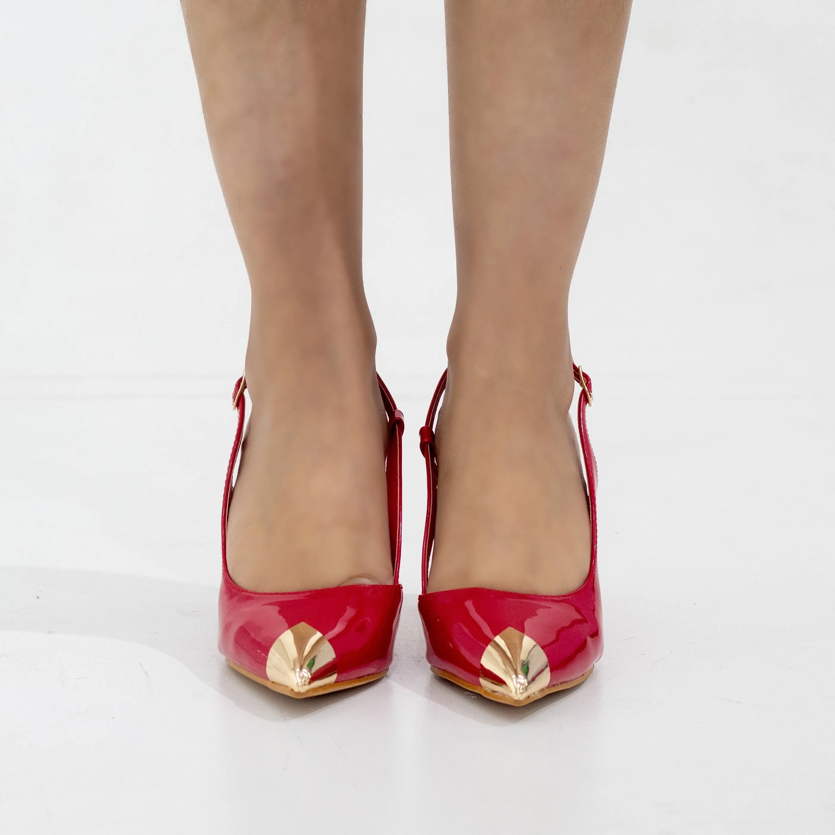 Obella 8.5cm heel pat sling back with gold pointy toe red