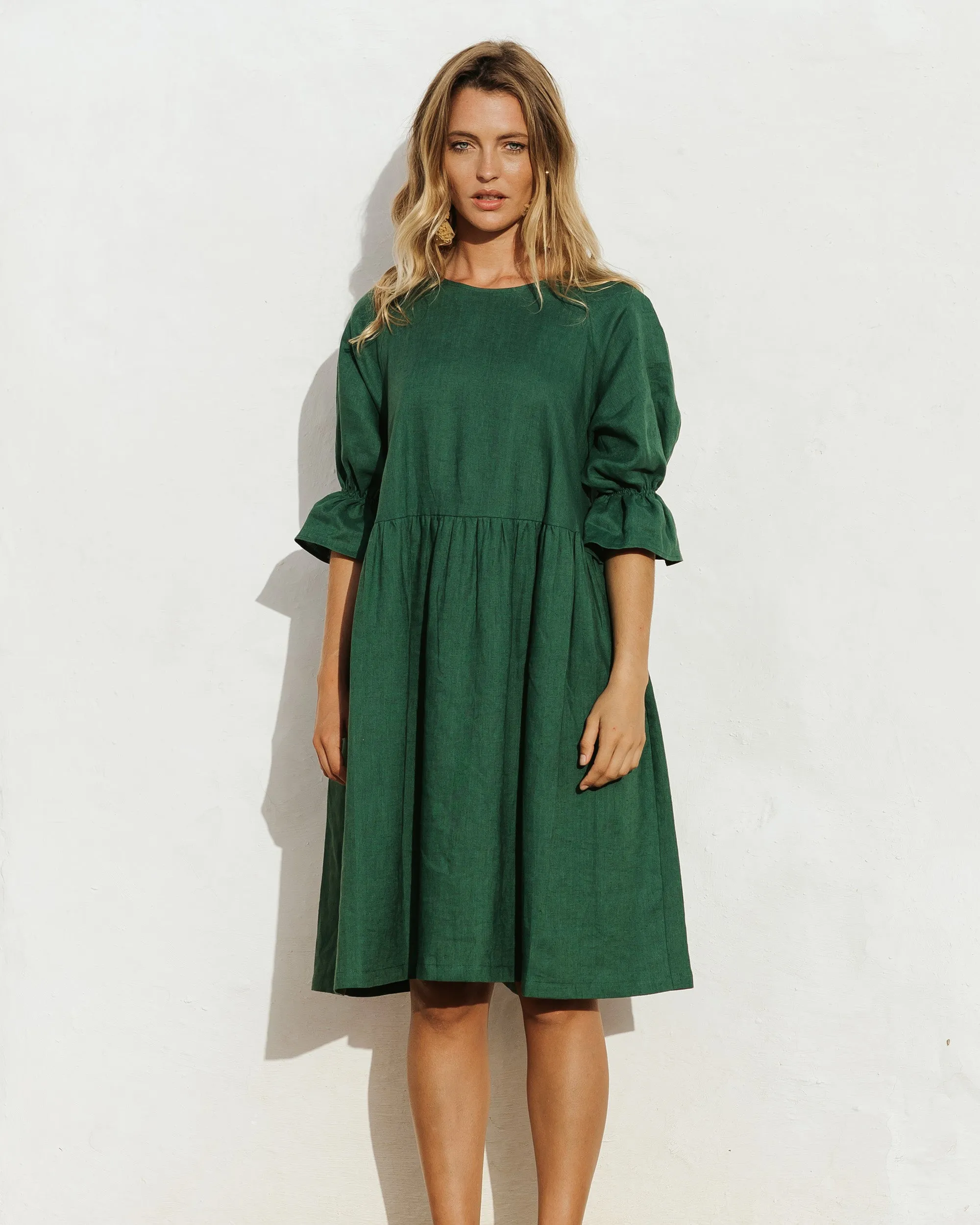 Voluminous linen dress NERJA in Green