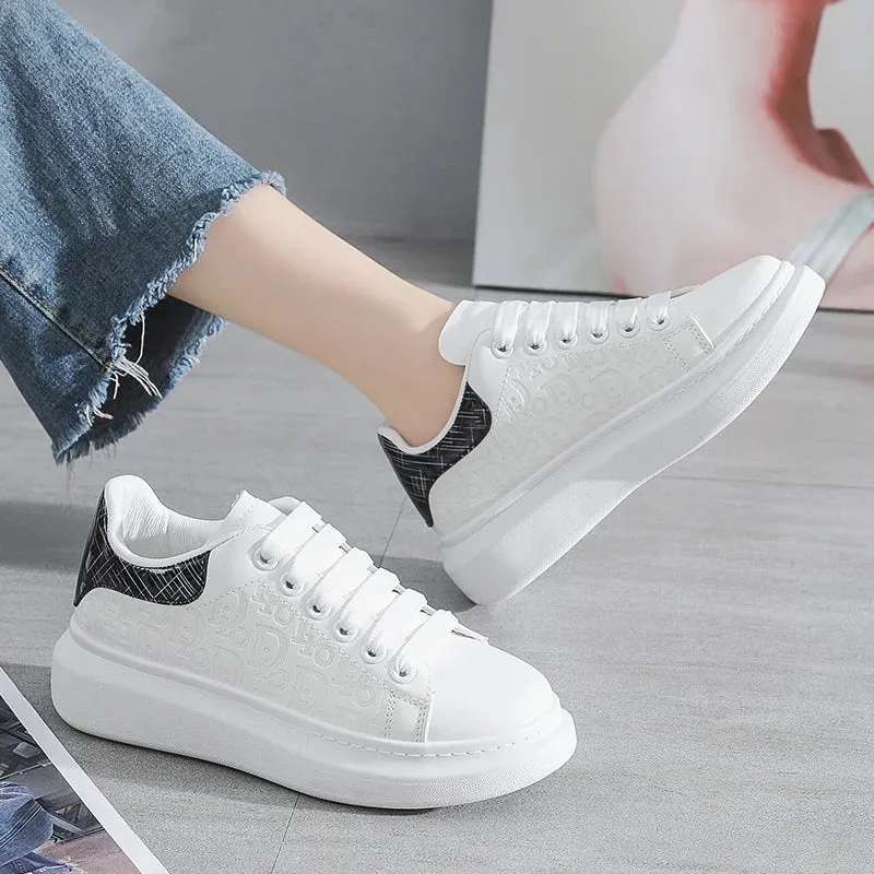 Women's Fashion Platform Sneakers – Casual White Flats with Thick Sole, Breathable Vulcanized Shoes for Spring & Autumn