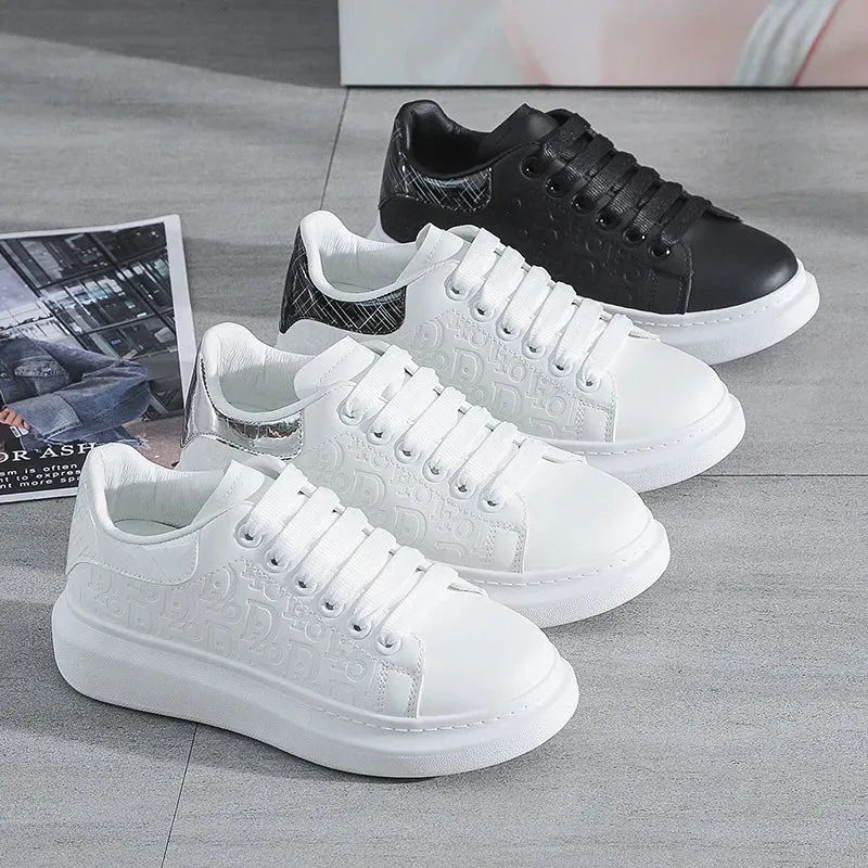 Women's Fashion Platform Sneakers – Casual White Flats with Thick Sole, Breathable Vulcanized Shoes for Spring & Autumn
