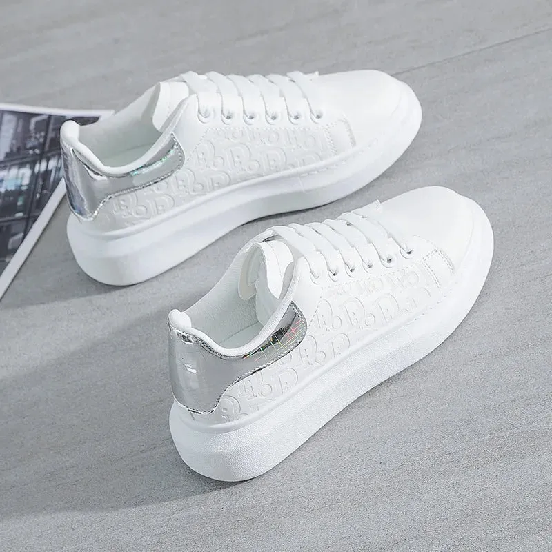 Women's Fashion Platform Sneakers – Casual White Flats with Thick Sole, Breathable Vulcanized Shoes for Spring & Autumn