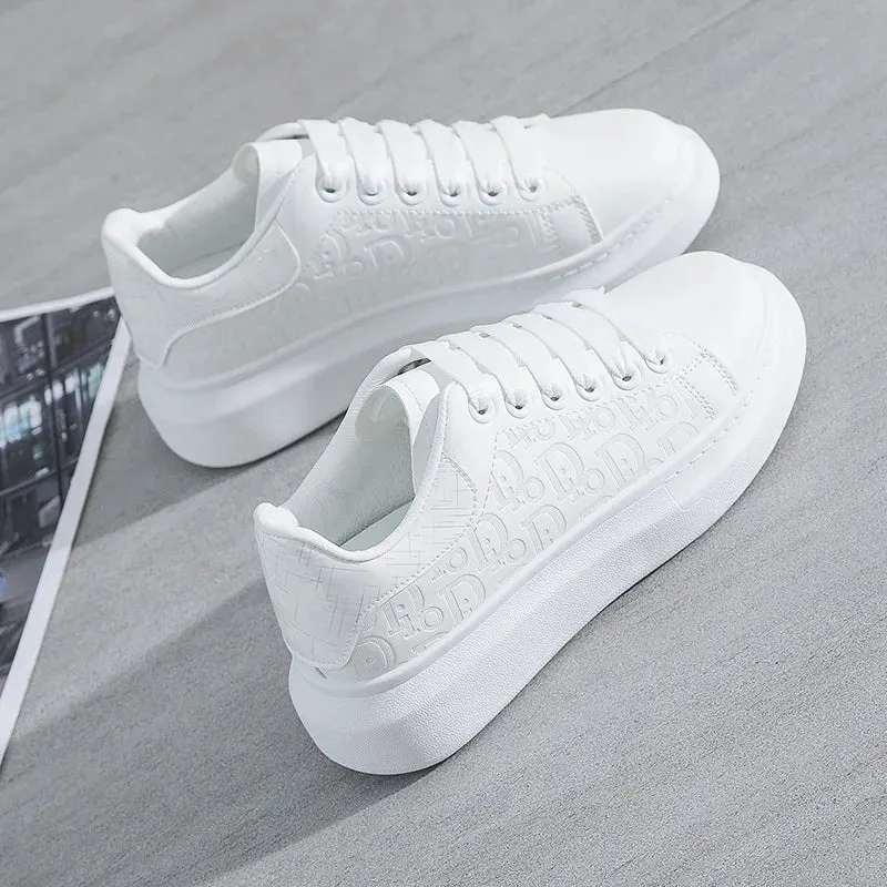 Women's Fashion Platform Sneakers – Casual White Flats with Thick Sole, Breathable Vulcanized Shoes for Spring & Autumn