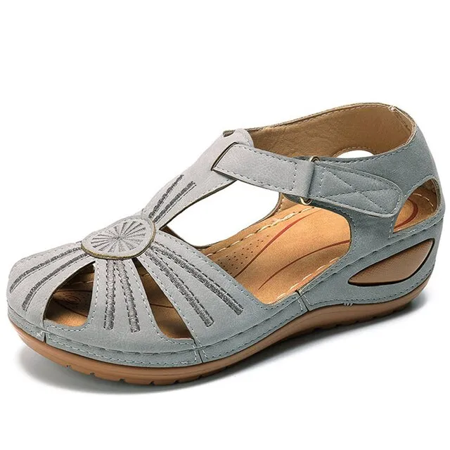 Women’s Retro Summer Wedge Sandals | Hook & Loop Closure Hollow-Out Beach Casual Shoes