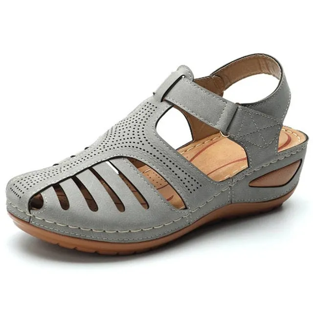 Women’s Retro Summer Wedge Sandals | Hook & Loop Closure Hollow-Out Beach Casual Shoes