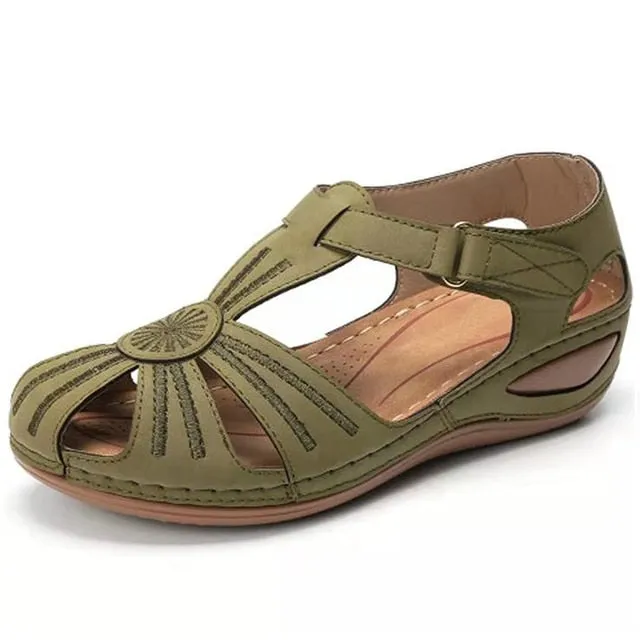 Women’s Retro Summer Wedge Sandals | Hook & Loop Closure Hollow-Out Beach Casual Shoes