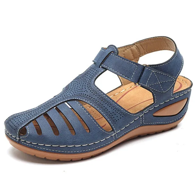 Women’s Retro Summer Wedge Sandals | Hook & Loop Closure Hollow-Out Beach Casual Shoes