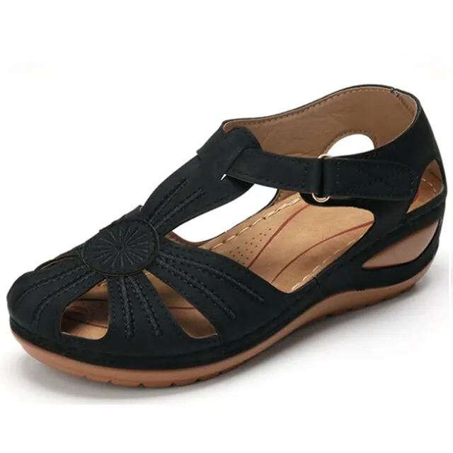 Women’s Retro Summer Wedge Sandals | Hook & Loop Closure Hollow-Out Beach Casual Shoes