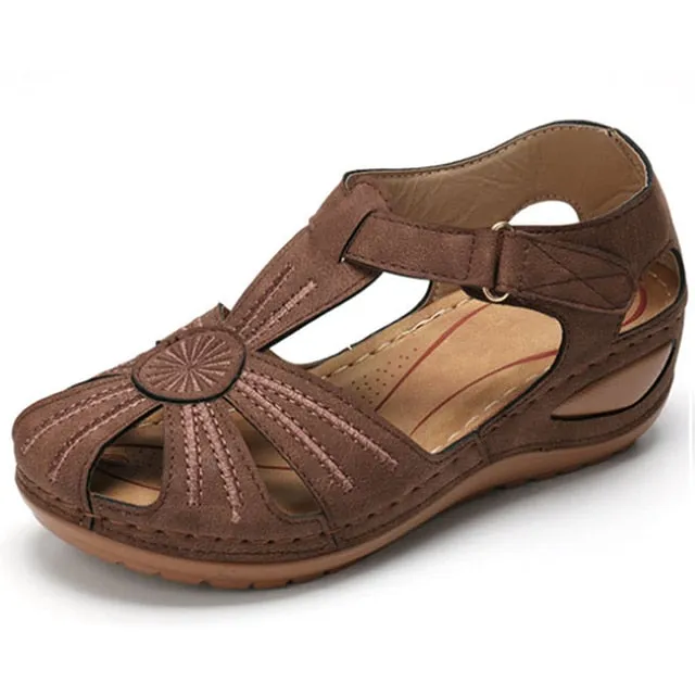 Women’s Retro Summer Wedge Sandals | Hook & Loop Closure Hollow-Out Beach Casual Shoes