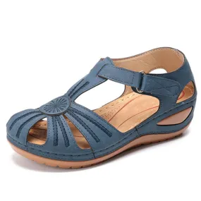 Women’s Retro Summer Wedge Sandals | Hook & Loop Closure Hollow-Out Beach Casual Shoes