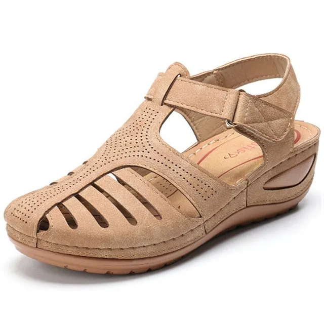 Women’s Retro Summer Wedge Sandals | Hook & Loop Closure Hollow-Out Beach Casual Shoes